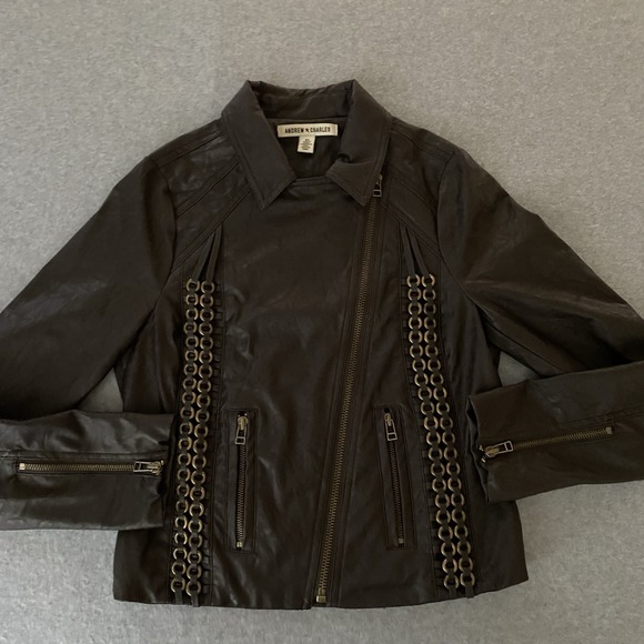 Andrew Charles Moto Jacket‎ XS Brown Faux Leather Chain Detail Asymmetrical Zip - Picture 7 of 15